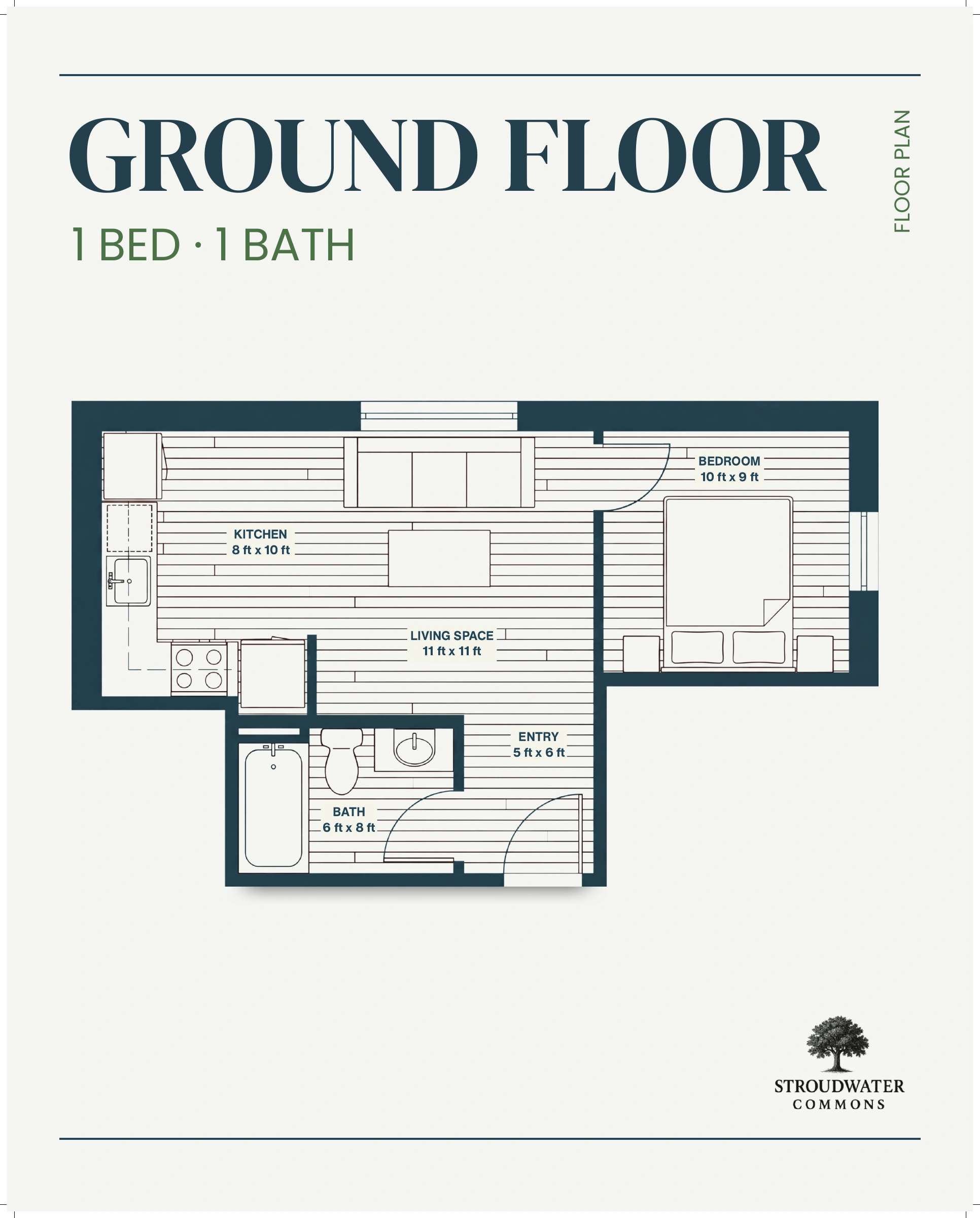 Ground floor one-bedroom, one-bathroom plan showing the kitchen, living space, bedroom, bath, and entry