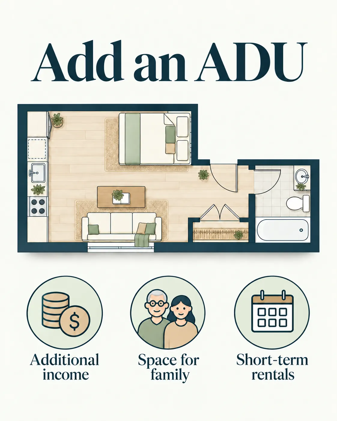 Add an ADU: additional income, space for family, and short-term rentals. Illustrated studio floorplan.