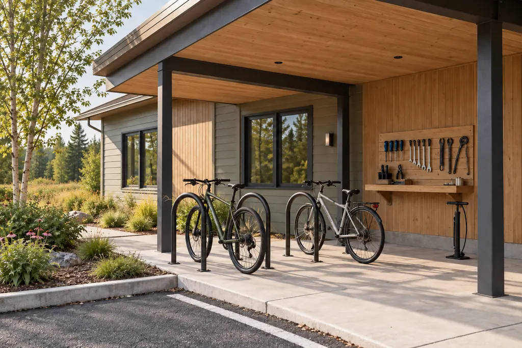 Illustrative concept of outdoor bike parking and a sheltered repair area