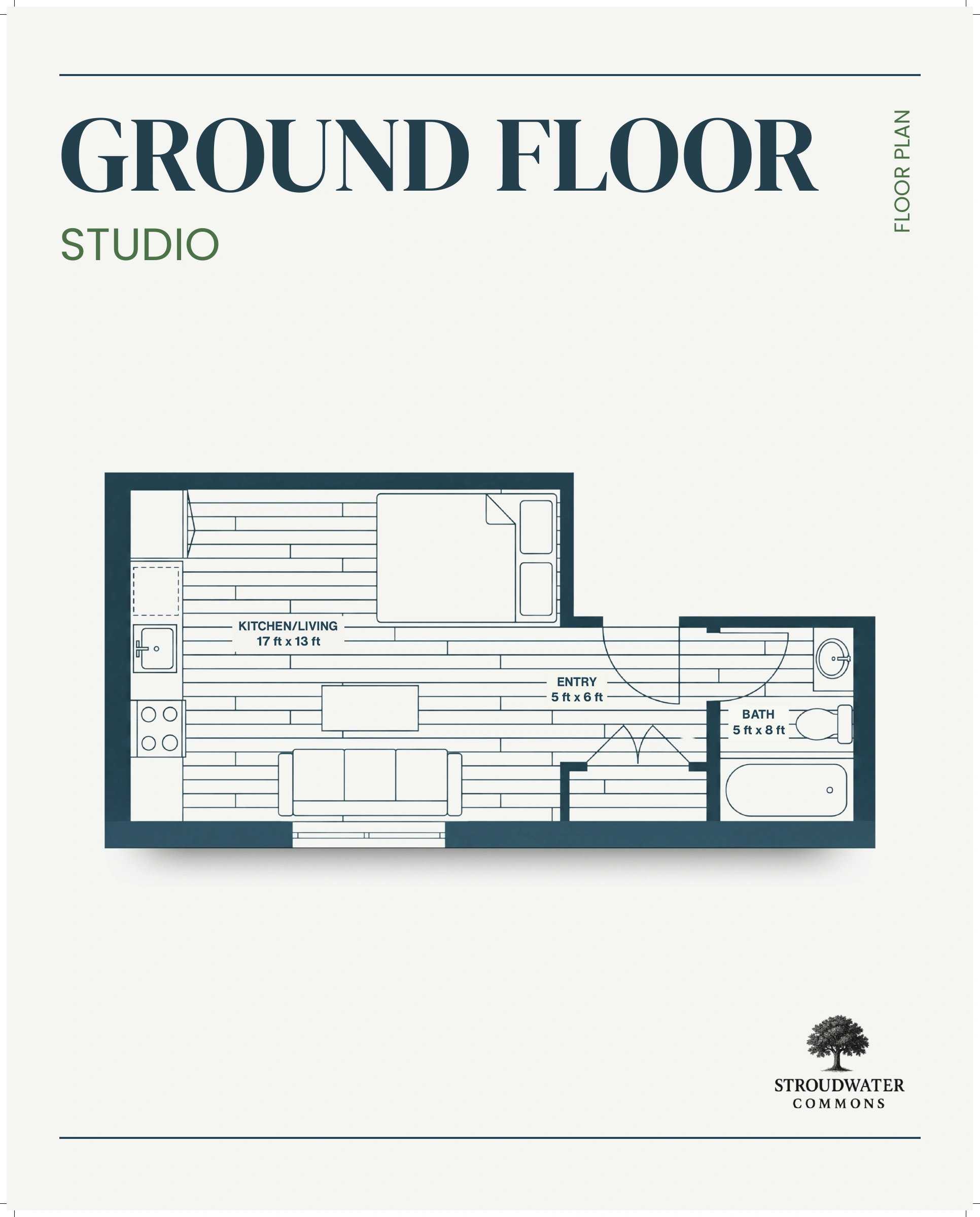 Ground-floor studio layout A showing kitchen and living space, entry, and bath