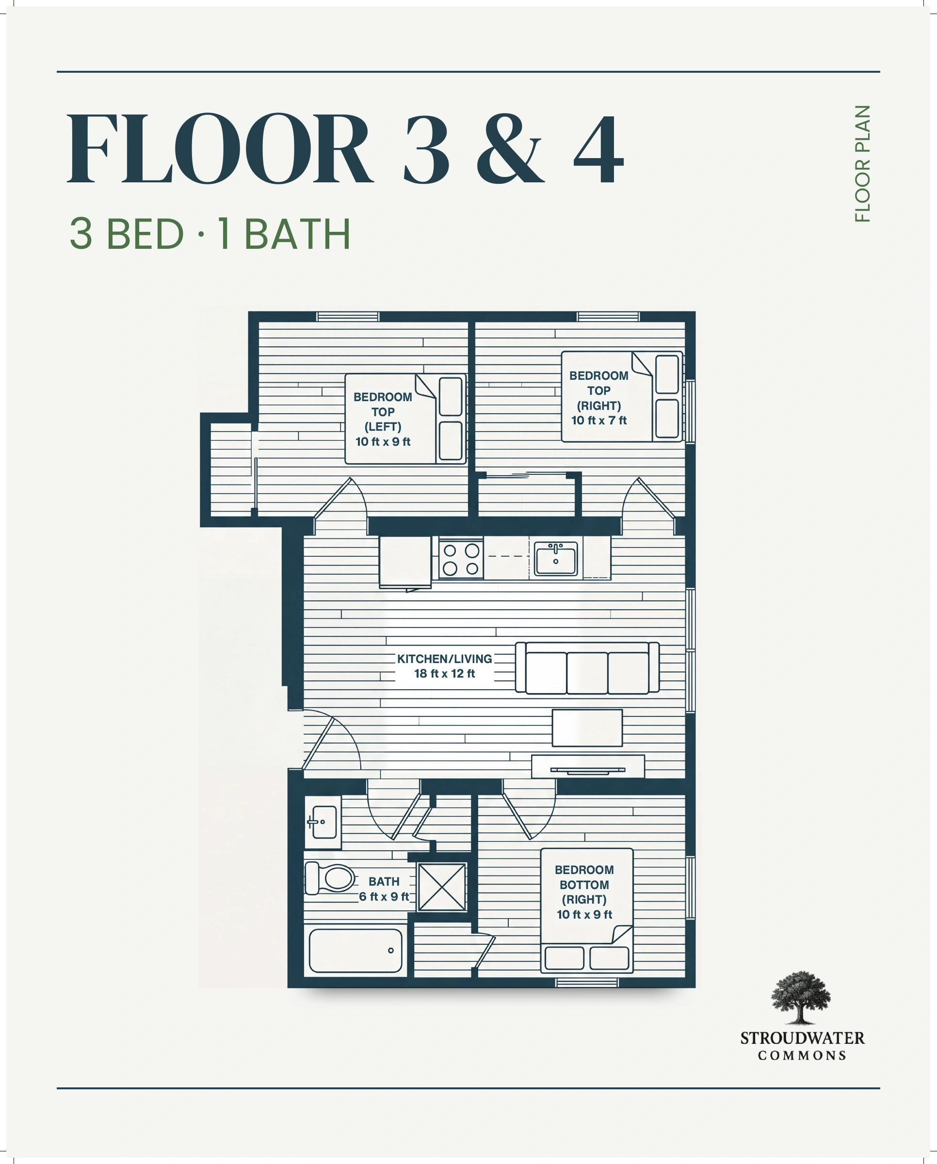Floors 3 and 4 three-bedroom, one-bathroom plan showing the kitchen and living space, three bedrooms, and bath