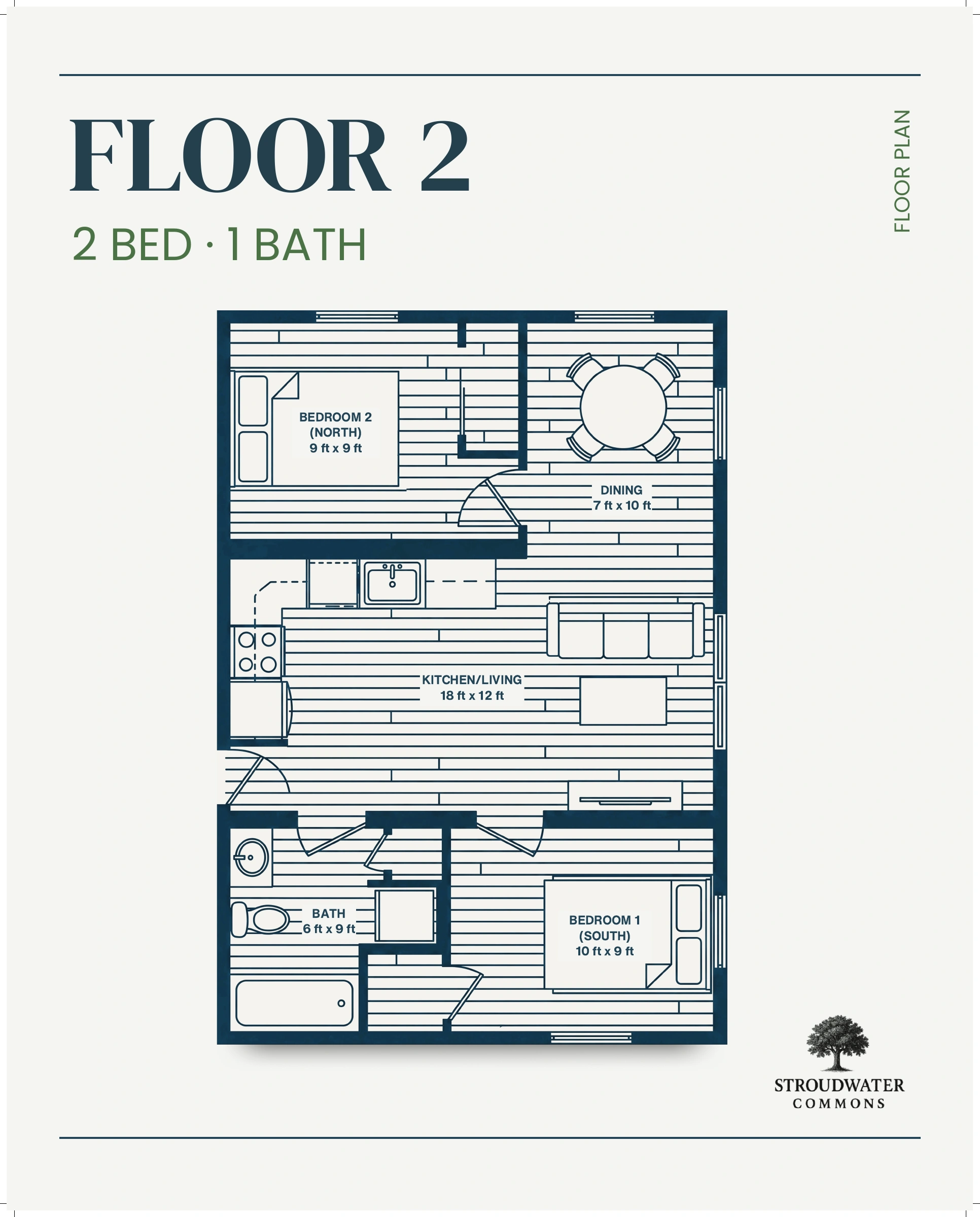 Second-floor two-bedroom, one-bathroom plan showing the kitchen and living space, dining area, two bedrooms, and bath